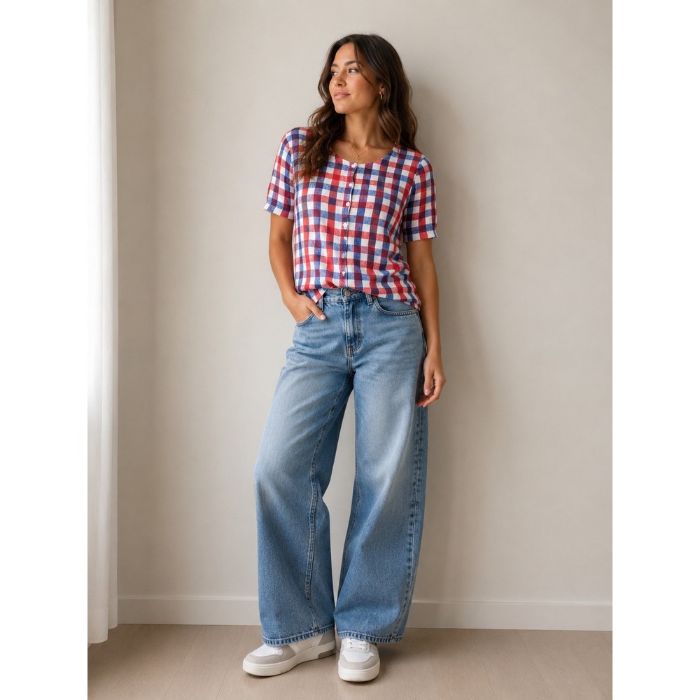 Talbots Womens Red White Blue Gingham Short Sleeve Button Front Cardigan M